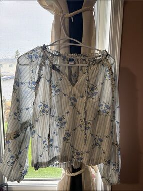 Old Navy Blue and White Floral Stripe Peasant Top